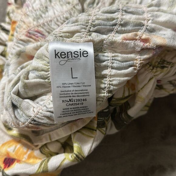 Kensie Jeans L Beige Gold Green Lily Linen On Off Shoulder Square Neck Top - Picture 9 of 10